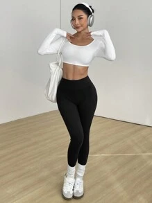 Flirla Vit rosettdekor Sexig Slim Fit Crop Top med ryggrem, långärmad - Vitt - Visa 5