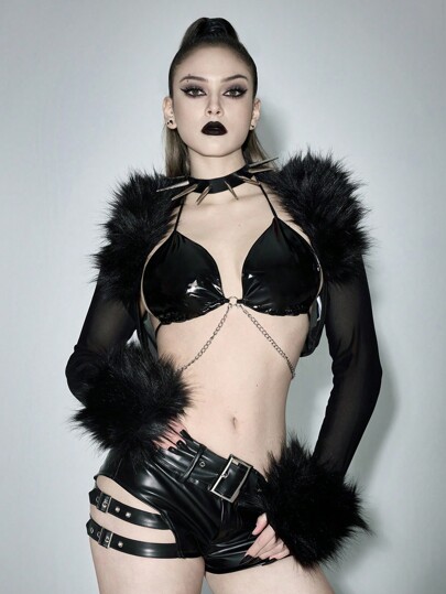 Grunge Punk Cardigan corto da donna in stile Y2K Harajuku, in maglia traforata e colletto in pelliccia nera, adatto da indossare con canotte o vestiti