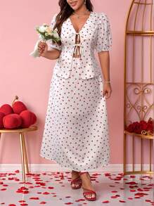 Franclia Plus Size Red Heart Pattern V-Neck Tie Waist Blouse And A-Line Long Skirt Set, Valentine's Day