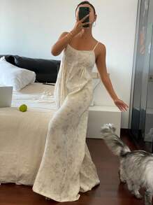 Livesso Chinese Style Tie-Dye Print Crinkle Fabric Camisole Jumpsuit Pajama - White - View 6