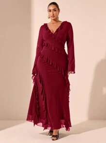 SHEIN BAE 大码长袖浪漫荷叶边连衣裙，适合约会、旅行、秋季、内衣、蝴蝶结、夏装、节日派对服装、优雅、生日服装、网眼、性感连衣裙、大码生日礼服 - 酒紅色 - 查看 3