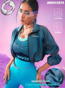 Innovista Woman Activewear Cropped Sports & Outdoor Jacket, Breathable & Cropped Bomber Gym Top, Light Weight & Portable For Travel Workout Outfits, Packable & Adjustable Metallic Color-Changing Fitness Top, Edgy & Unique Stylish Tracksuit Volleyball, Going Out, Athleisure, Tennis, Golf, Dance, Street Wear, Music Festival, Party, Cyan, Blue Green, Y2K, Eclectic Autumn, Valentine Fall Outfits For Women Cool Light Blue ,Essentials Hoodie - Green - View 2