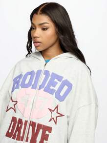 SUMWON WOMEN Y2K Aesthetic Oversized Zip-Up Hoodie Sweatshirt With Retro Sport Graphic Print Street Style Casual College Athletic Wear - Grey - View 3