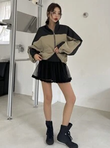 DAZY Women's Contrast Color Block Loose Stand Collar Jacket,Fall Clothes - Grey - View 4