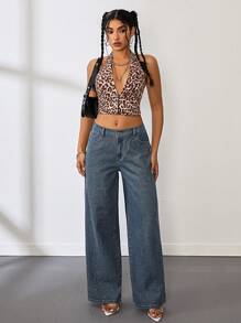 SHEIN Tall Women's Sexy Low Waist Rhinestone Embellished Straight Leg Jeans, Blue