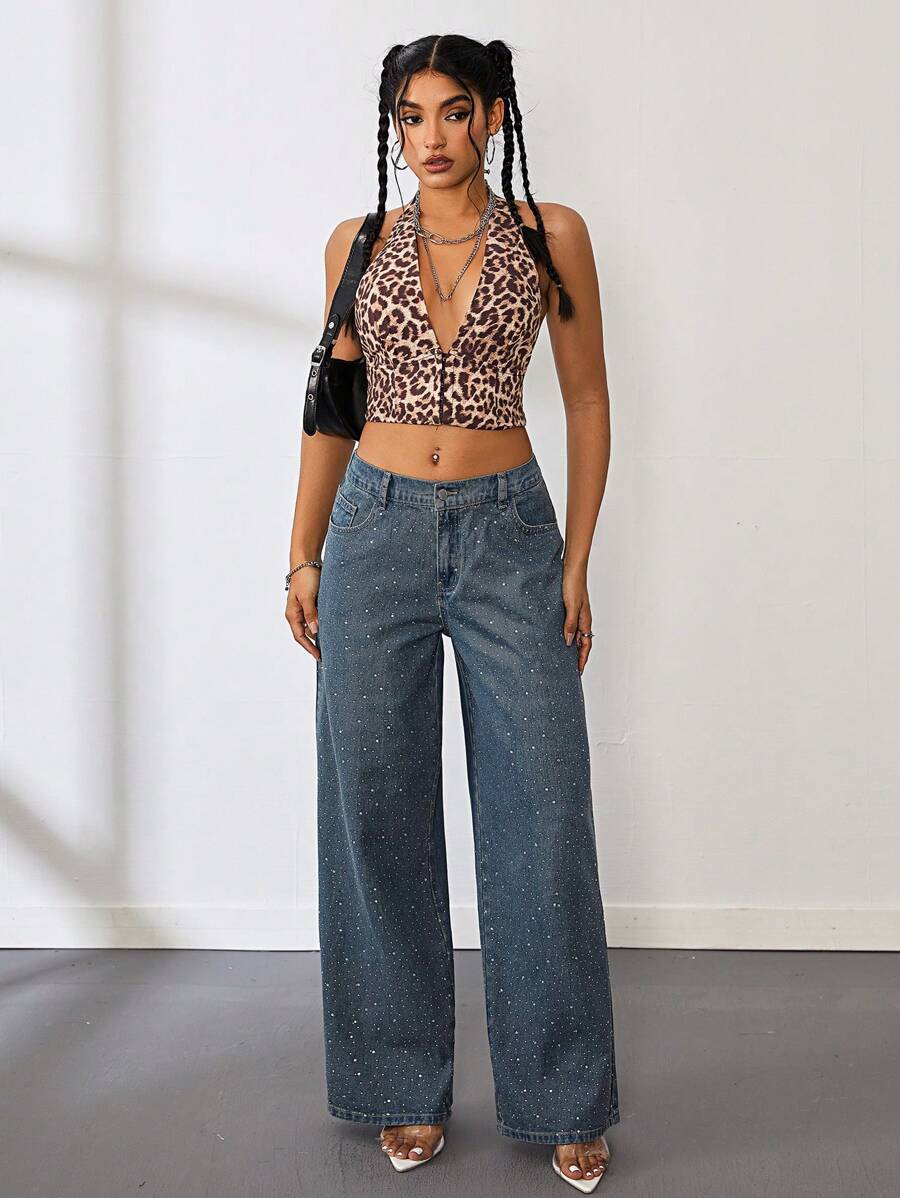 SHEIN Tall Women's Sexy Low Waist Rhinestone Embellished Straight Leg Jeans, Blue