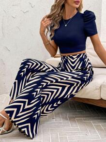 SHEIN Clasi Clasi Women Crew Neck Ribbed Crop Top & Wide Leg Pants Suit, Abstract Print, Spring Summer Casual Vacation Elegant 2pcs Set