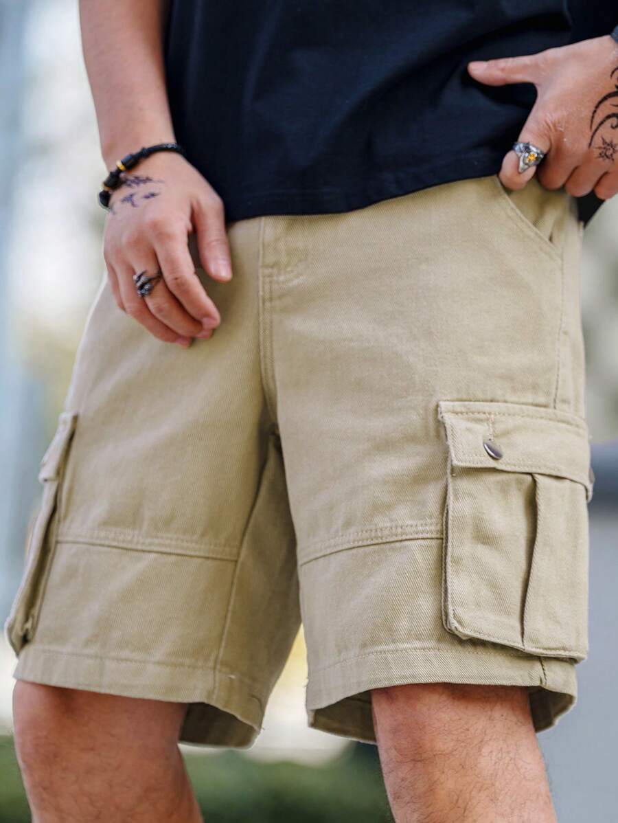 Manfinity Homme Pantalones cortos vaqueros holgados con bolsillos sencillos para hombre, uso casual diario - Caqui - Ver 1