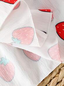 年轻女孩可爱草莓印花荷叶边蝴蝶结装饰休闲连衣裙，适合夏季日常穿着 - 彩色 - 查看 4