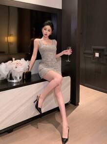 DAZY Plaid Sleeveless Midi Dress For Wedding Party Prom Dress Elegant Vacation - Black - View 7