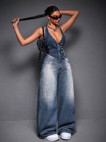 SHEIN ICON Women's Casual Washed Low-Rise Wide Leg Jeans - Light Grey - View 2