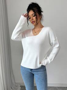 Chiquease Women Spring Autumn Casual Ribbed Loose Organza V-Neck Sweater Knit Pullover Fall Winter Sweater - White - View 6