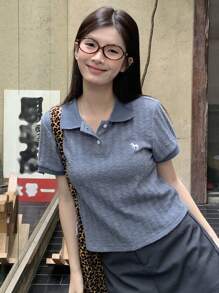 DAZY Women Casual Front Button Short Sleeve Embroidered Blouse