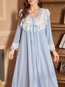 PalaceNights 2pcs Contrast Lace Patchwork Palace Style Corset Slip Night Dress And Flare Sleeve Loose Tie Belt Robe Set Holiday Season, Fall Winter Clothes - Blue - View 7