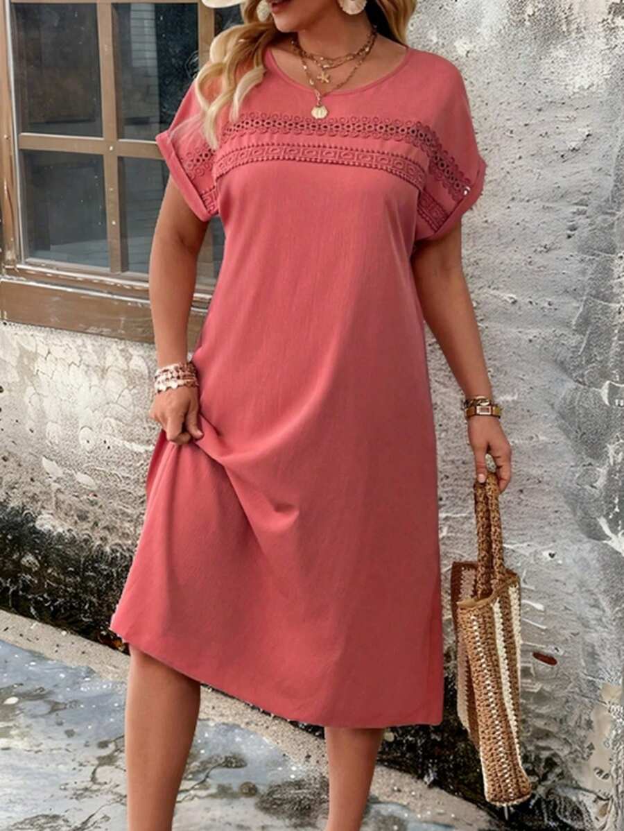 EMERY ROSE Vestido sencillo holgado de talla grande con cuello redondo, hombros caídos y detalles de encaje en contraste, para el verano