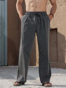 Manfinity Nomadique Pantalones casuales rectos con pernera recta, cintura con corbata y bolsillos para hombre