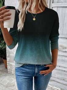 SHEIN LUNE New Plus Size Women Gradient Color Print Round Neck Long Sleeve T-Shirt Graphic Tees Women Tops For Spring - Multicolor - View 4