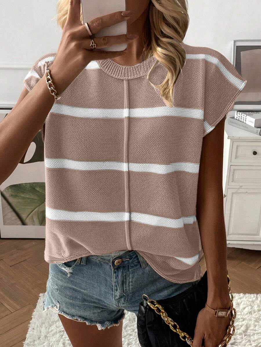 SHEIN LUNE Chaleco de punto holgado de cuello redondo y hombros caídos sin mangas para mujer; jersey de rayas de contraste de moda sin mangas, otoño/invierno