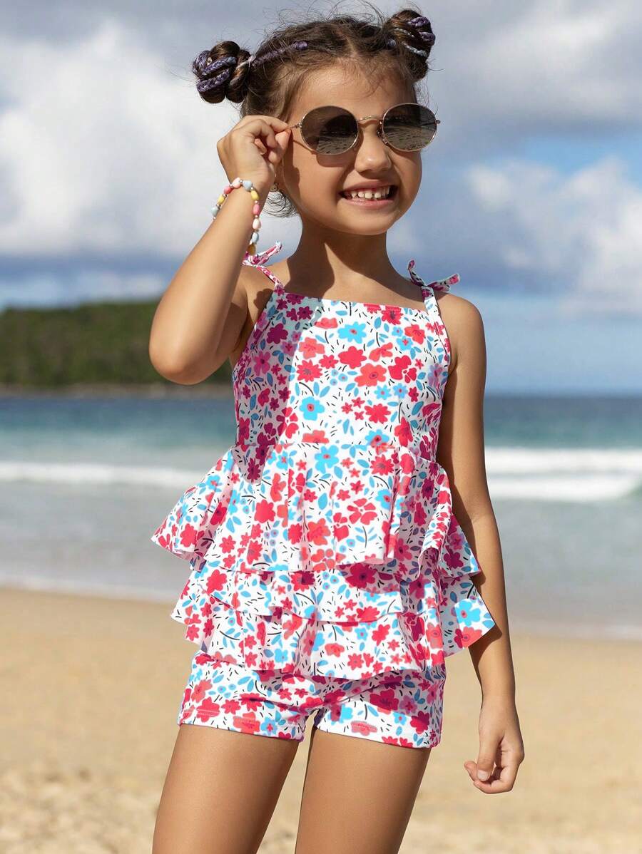 SHEIN Young Girls Flower Print Spaghetti Strap Tied-Front Top And Bottom Swimwear 2 Pieces Set