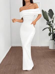 SHEIN EZwear Women's New Off Shoulder High Slit White Dress