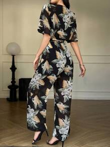 DAZY Women's Floral V-Neck Ruffled Tied Jumpsuit Vacation Outfits Women Easter Boho Jumpsuit For Women - Black - View 2