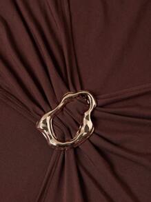 Ellevyn Women's Elegant Metal Button Decoration Twist Waist Long Sleeve Dress For Work And Daily Wear Women's Summer Clothing Ladies Dress Elegant Carnival Summer Women's Dress, Summer Dress Spring Wear Solid Black