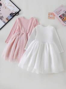 PrepCrw Young Girls Spring/Summer White/Pink Academic Style Knit & Mesh Waist Shaping A-Line Round Neck Dress/Set