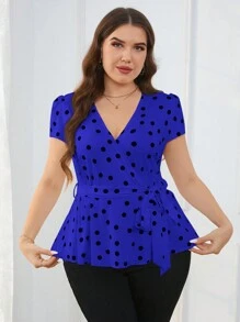 SHEIN Clasi 夏季大码优雅通勤波尔卡圆点印花裹身泡泡袖衬衫 - 寶藍色 - 查看 5