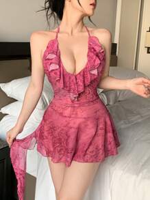 DAZY 女式蕾丝边 V 领无袖性感睡衣 - 粉色 - 查看 3