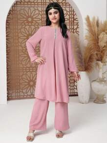 SHEIN Teen Girls Casual Solid Color Round Neck Shirt Top Matching Loose Pants 2 Pieces Set - Pink - View 6