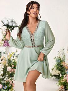 Allurite Lace Hollow Textured Fabric Splice V-Neck Dress, Wedding