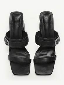 CUCCOO CHICEST Women Rhinestone Buckle Strap Square Toe 8cm Thick Heel Sandals - Black - View 4