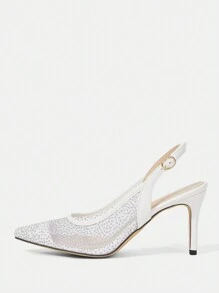 CUCCOO HITCHD Sepatu hak sedang berujung runcing berenda untuk wanita, dihiasi rhinestones, elegan untuk pesta pernikahan, pesta, dan kencan musim semi. - Putih - View 8