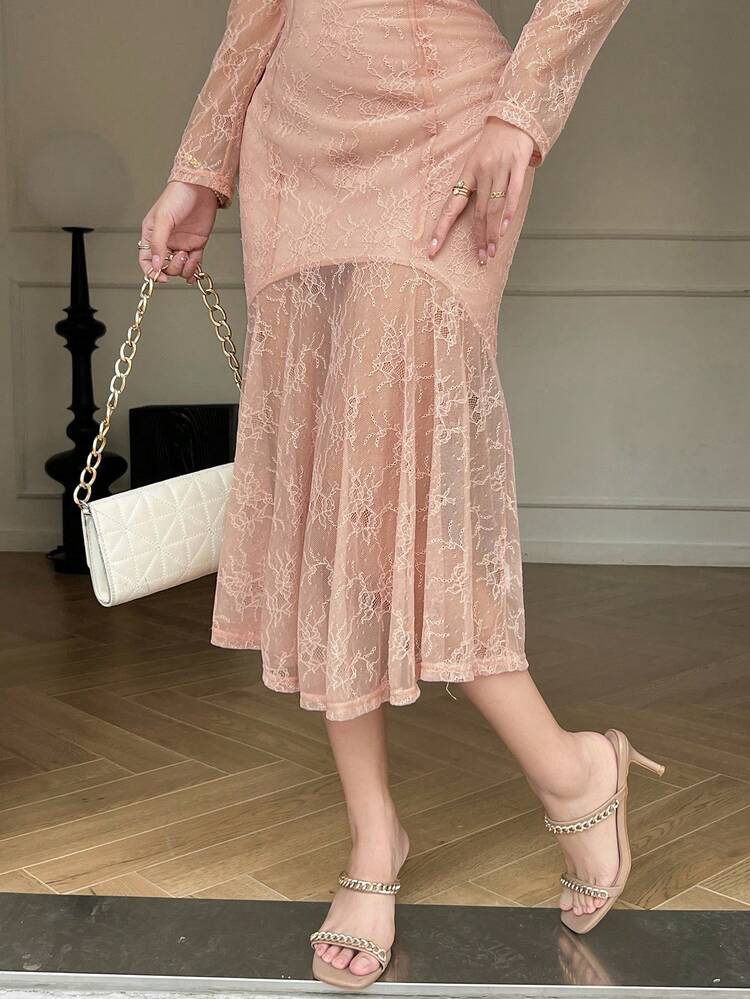 Mid-Length Women's Floral Print Round Neck Puff Sleeve Fishtail Dress, Suitable For Holidays, Dates & Nights Out, Fall Dress Long Sleeve Dress