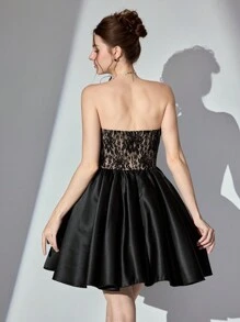 SHEIN Belle Damen elegantes Spitzen-Patchwork trägerloses Kleid für formelle Anlässe, Damen luxuriöses langes Abendkleid, Abschlussballkleid, Hochzeitsgast-Kleid, Partykleid, Abiballkleid - Schwarz - Übersicht 2