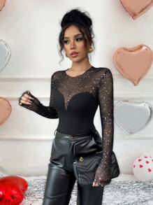 Calvaya Sexy Slim Fit Long Sleeve T-Shirt With Mesh & Sequins Splicing Details