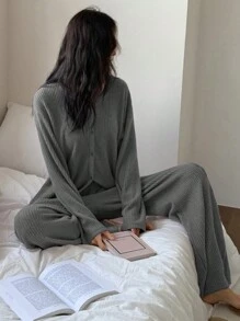 DAZY Simple Stripe Texture Flannel Spring Women Pajama Sets Fall,Winter Clothes