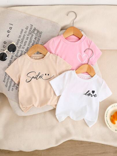 SHEIN Playful Pals 3Pcs/Set Baby Girl Comfy Soft Loose Casual Versatile Short Sleeve Tees Tops, Heart & "Love" Letter Print In Pink, White, Apricot, Suitable For Spring & Summer