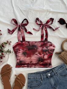 Soleia Vacation Women's Retro Floral Print Gathered Shoulder Tie Bowknot Cropped Tank Top,Valentine's Day,Summer For Women,Beach For Woman,Mardi Gras,Western Wear Woman,Birthday For Women,Crop Top Woman