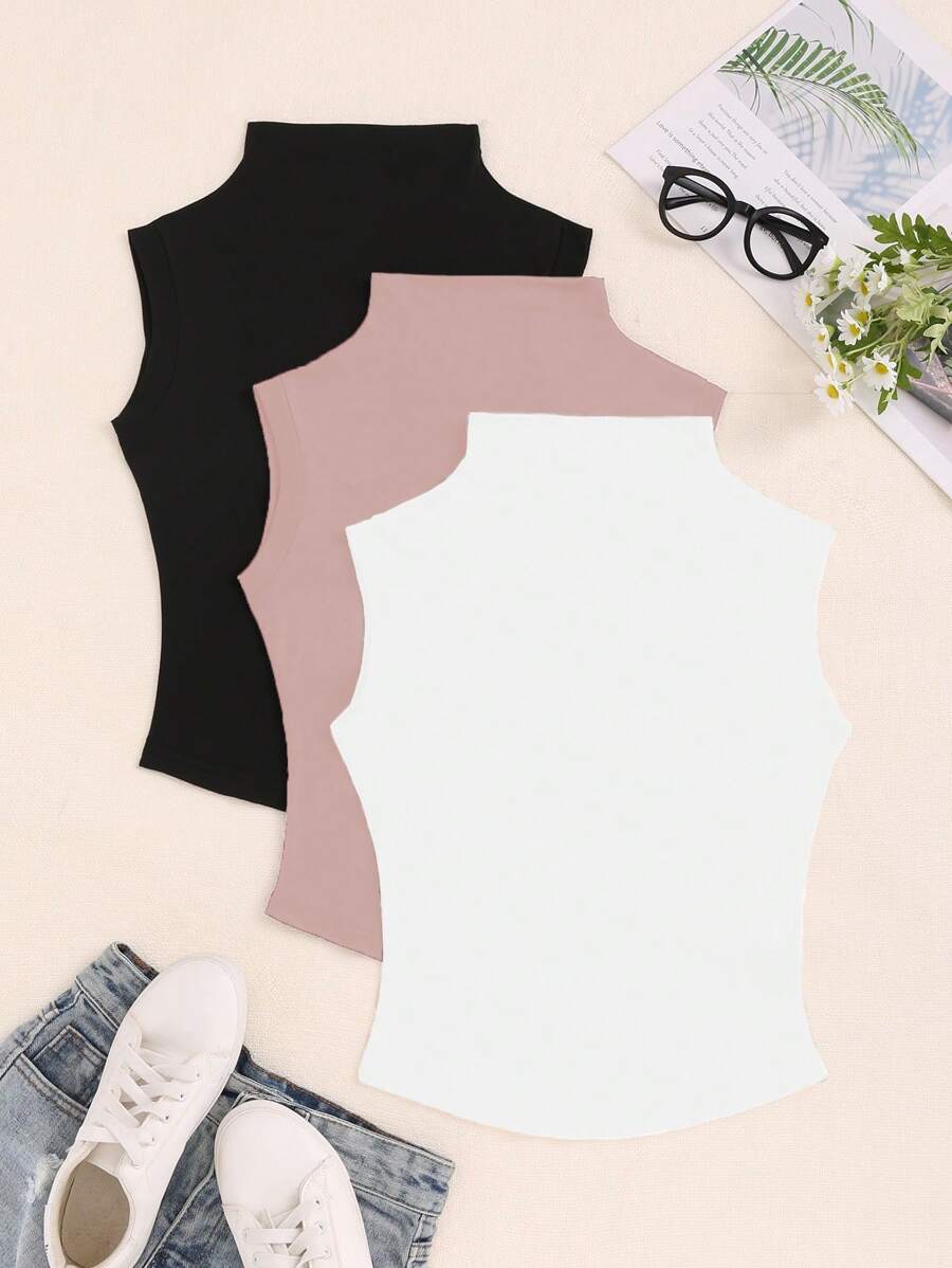 SHEIN Unity Áo thun nữ trơn màu không tay cổ bẻ đơn giản, mặc thường ngày - Nhiều màu - Xem 1