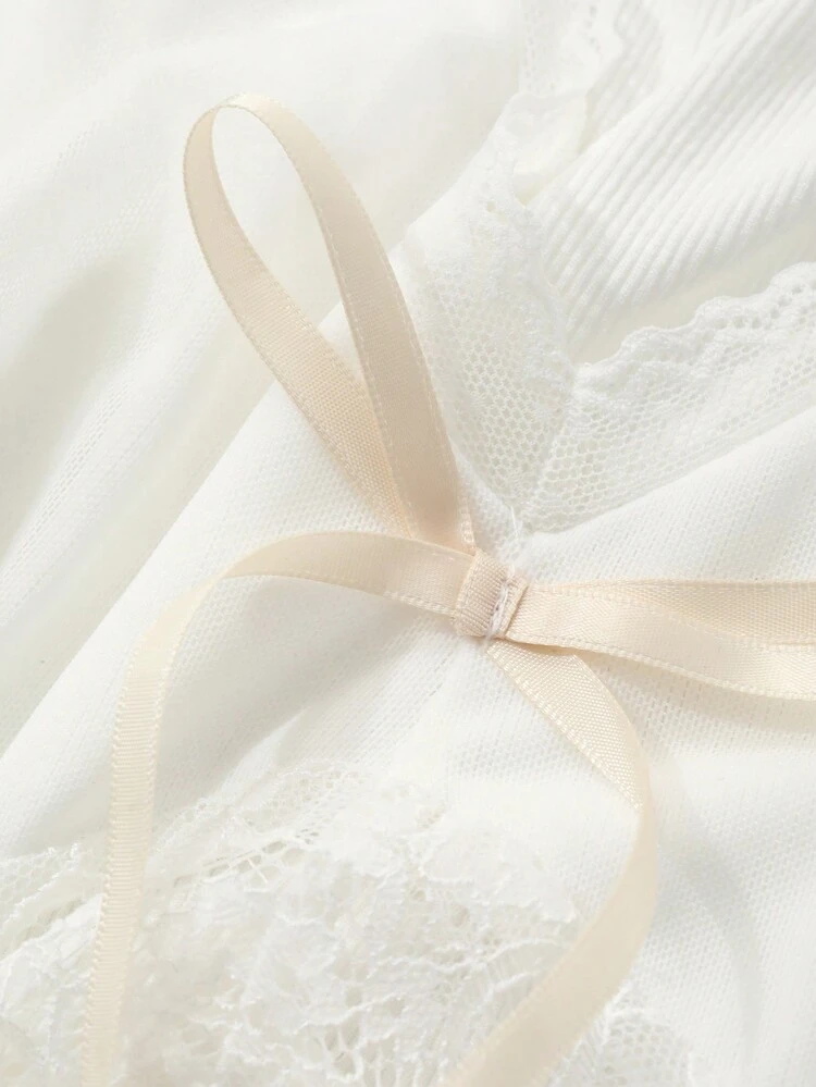 Waist Cinched Lace Panel Semi-Sheer Puff Sleeve Nightgown Pajama