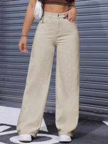 SHEIN ICON Women's Front Button Pocket Casual Denim Pants, Everyday Wear - Khaki - View 5