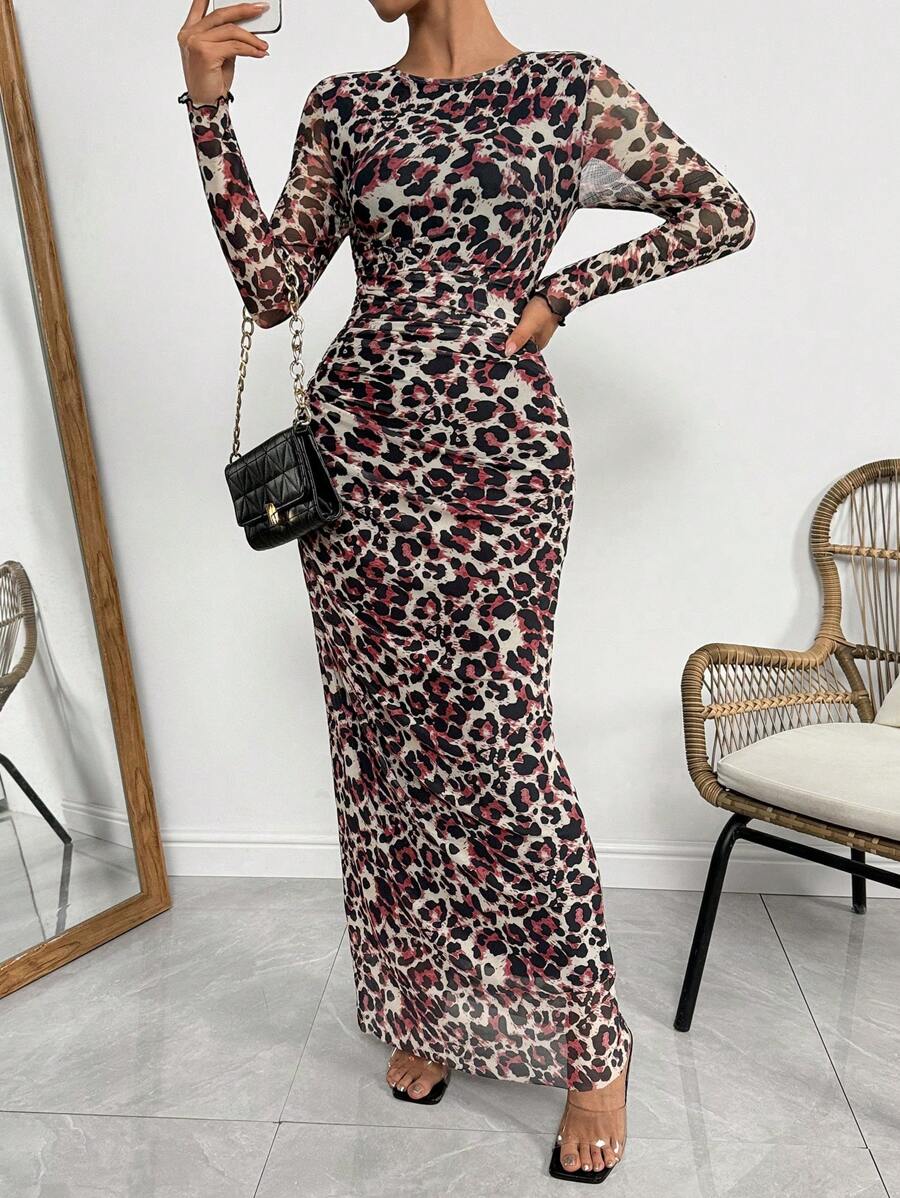 SHEIN ChicEase Đầm dài tay lưới bó họa tiết da báo thanh lịch dành cho nữ, phù hợp cho trang phục Maxi mùa xuân và mùa thu - Đỏ và trắng - Xem 1