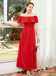 Teen Girl Ruffle Off Shoulder Convertible Shirred Slit Dress - Red - View 4