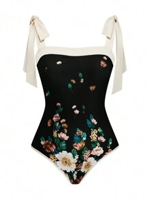 SHEIN Unity 大码优雅花卉印花绑带紧身衣搭配裹身裙 2 件套，修身款，适合夏季女士