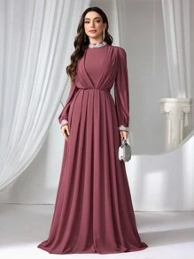 Coutiva Women Contrast Rhinestone Mock Neck Long Sleeve Prom Party Dress, Wedding Guest Dress, Formal Dress, Evening Dress