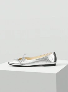 MOTF PREMIUM FASHIONABLE CASUAL COMFORTABLE VERSATILE SILVER BOW DECOR MARY JANE FLATS, SPRING SHOES, SPRING BREAK EASTER - Silver - View 3