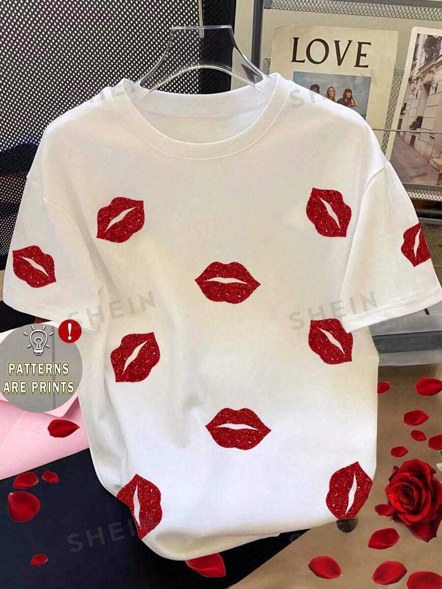 SHEIN Damen Rundhals Kurzarm Lippen Muster Lässig Top, Alltagskleidung - Weiss - Übersicht 1