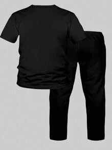 Manfinity Dauomo Conjunto de camiseta de manga corta informal con estampado de letra y pantalones para hombre