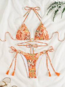 SHEIN Swim Women Boho Metal Ring Tie-Up Tassel Side Tie Bikini Sets, Summer Beach Vacation 2 Pieces Swimwear Outfits - Multicolor - View 5